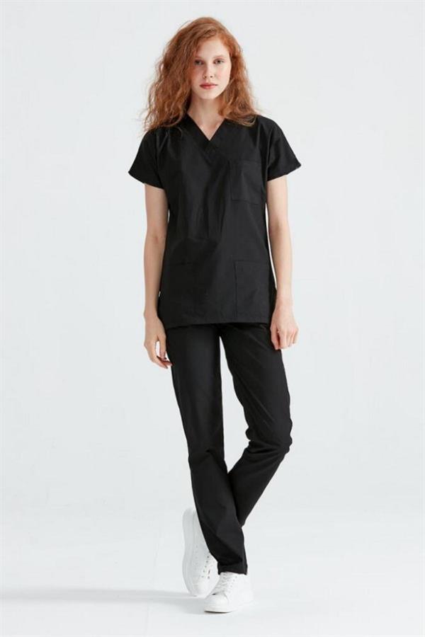 Siyah Likralı Medikal Doktor Hemşire Unisex Scrubs Yaka Forma Takım