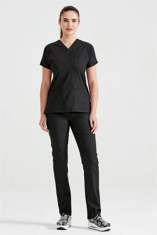 Siyah Likralı Medikal Doktor Hemşire Unisex Scrubs Yaka Forma Takım