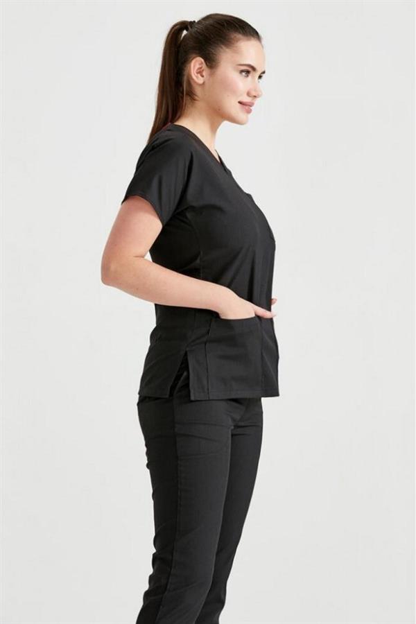Siyah Likralı Medikal Doktor Hemşire Unisex Scrubs Yaka Forma Takım