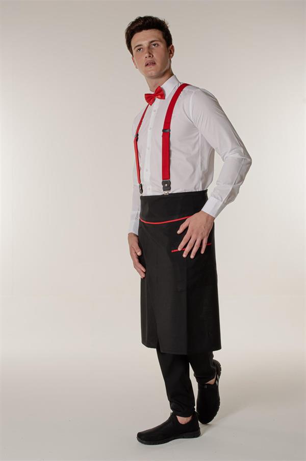 Siyah Yırtmaçlı Ve Kırmızı Biyeli Garson Aşçı ve Mutfak Şef Yarım Bel Önlük 