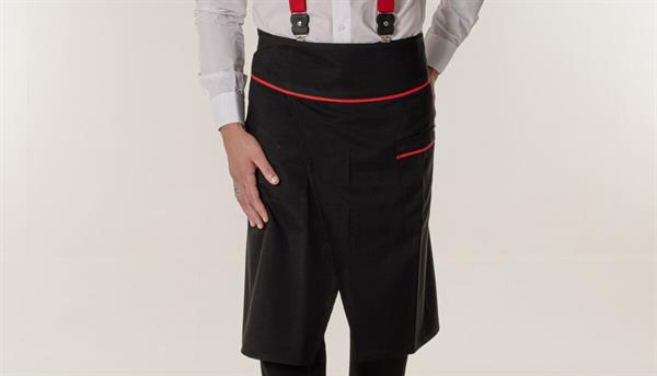 Siyah Yırtmaçlı Ve Kırmızı Biyeli Garson Aşçı ve Mutfak Şef Yarım Bel Önlük 