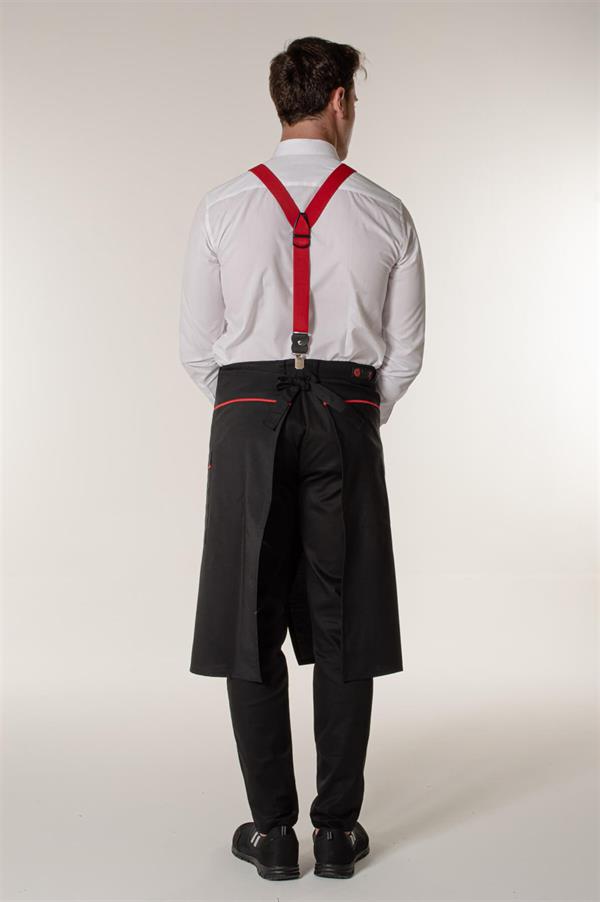 Siyah Yırtmaçlı Ve Kırmızı Biyeli Garson Aşçı ve Mutfak Şef Yarım Bel Önlük 