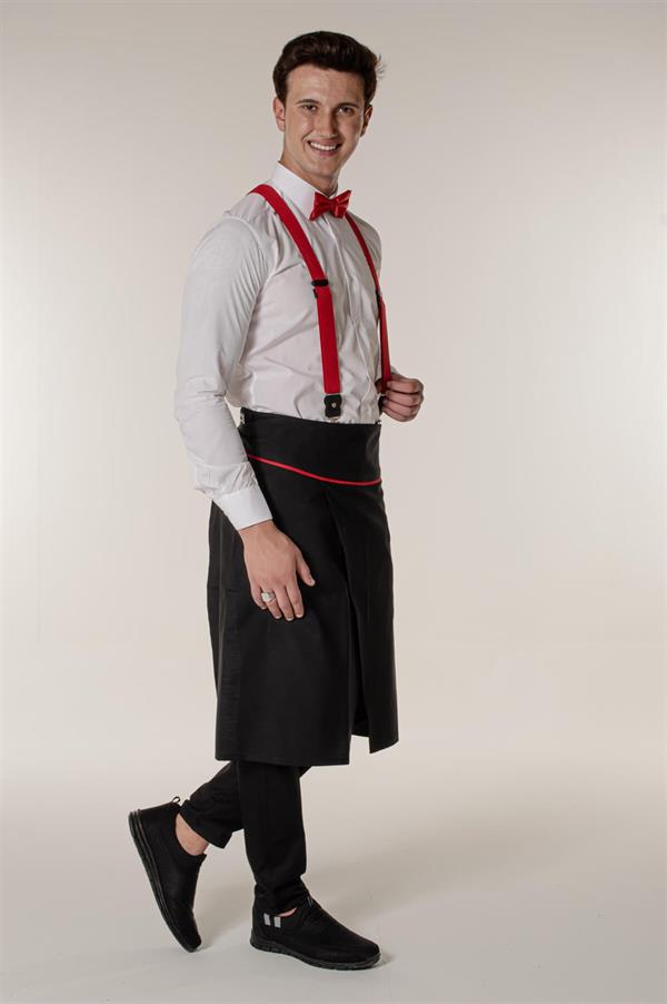 Siyah Yırtmaçlı Ve Kırmızı Biyeli Garson Aşçı ve Mutfak Şef Yarım Bel Önlük 