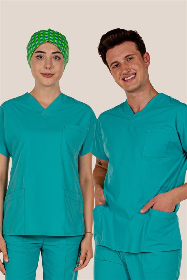 Su Yeşili Tek Üst Scrubs Terrycotton Doktor Hemşire Forma