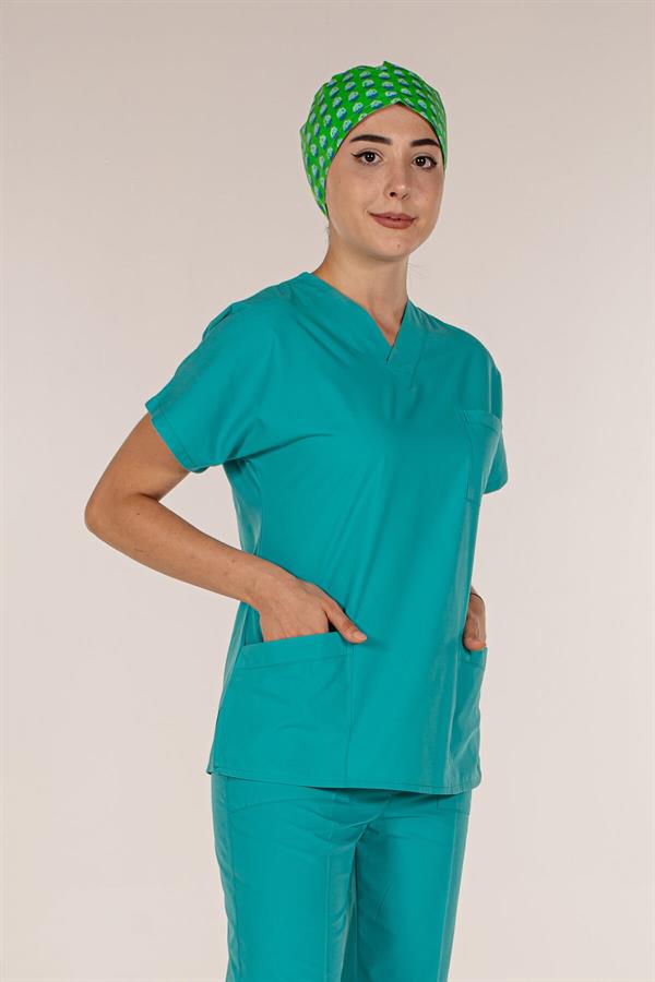 Su Yeşili Tek Üst Scrubs Terrycotton Doktor Hemşire Forma