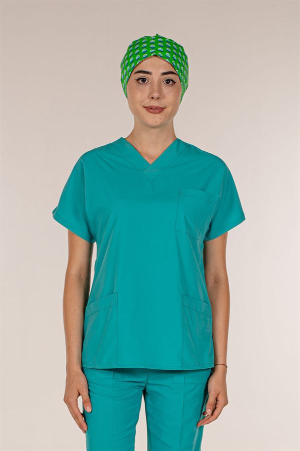 Su Yeşili Tek Üst Scrubs Terrycotton Doktor Hemşire Forma