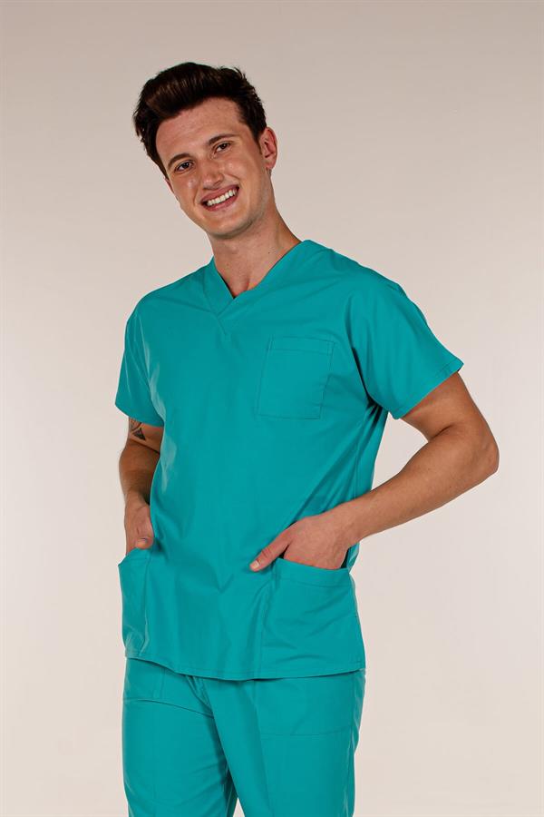 Su Yeşili Tek Üst Scrubs Terrycotton Doktor Hemşire Forma