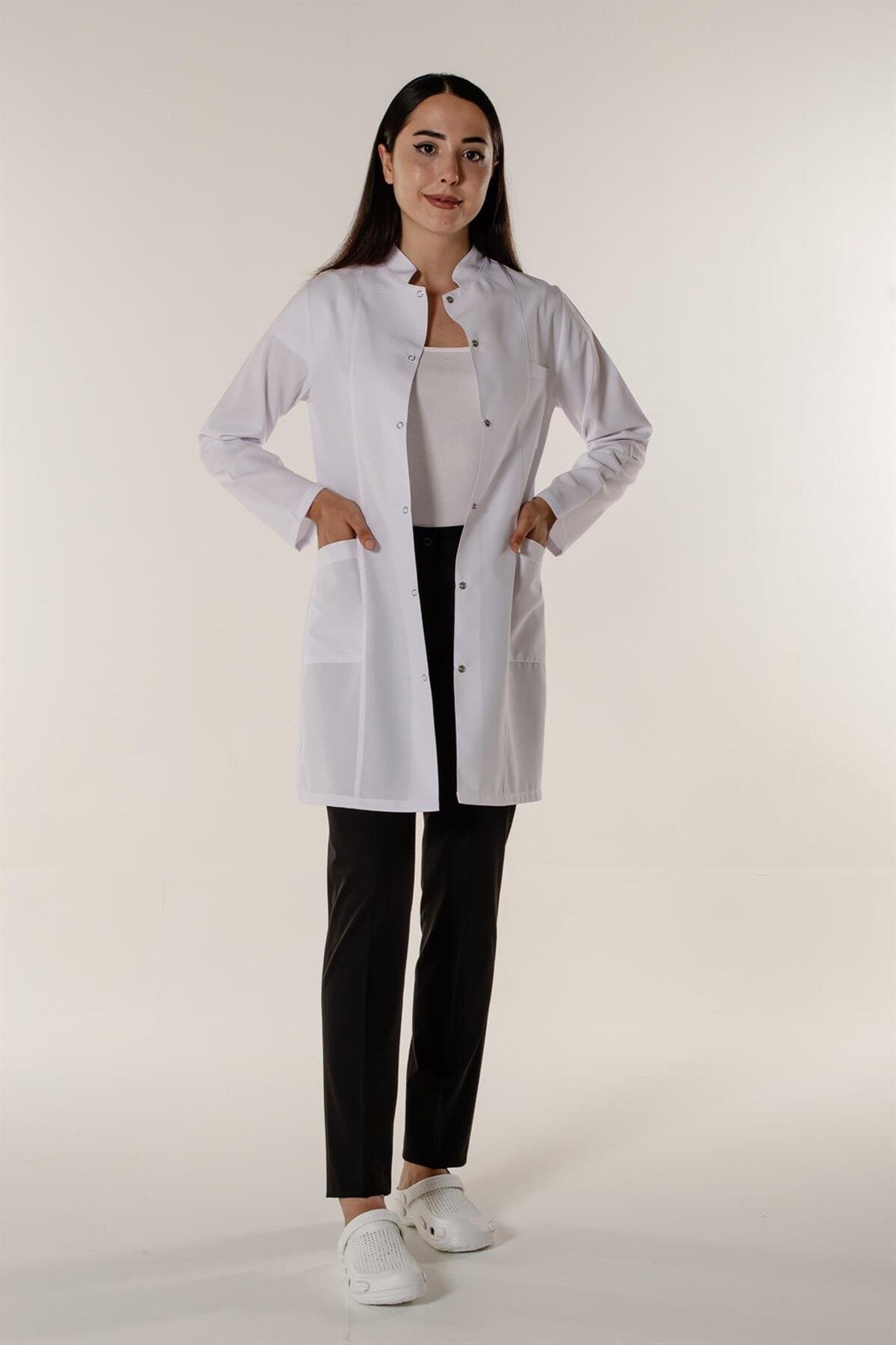 Beyaz Kadın Doktor Öğretmen Eczacı Hemşire Önlüğü Hakim Yaka | Mert Giyim  İş Elbiseleri