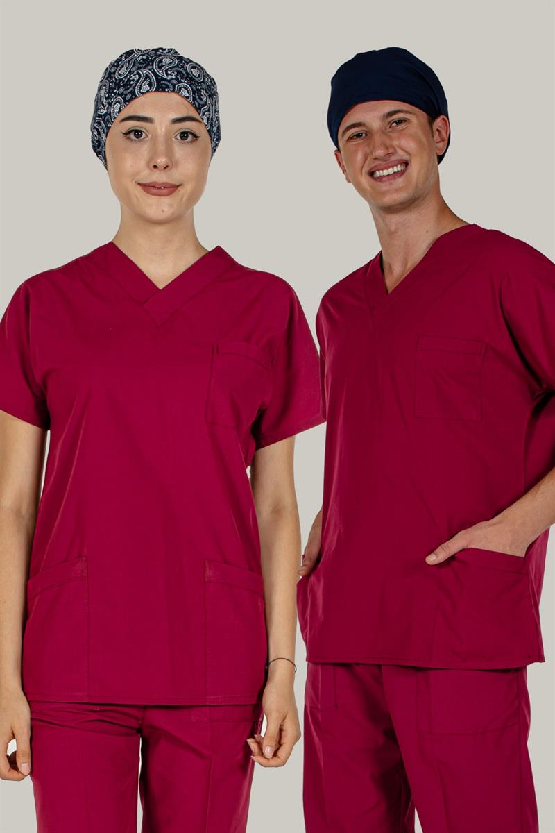Bordo Üst Scrubs Terrycotton Doktor Hemşire Forma | Mert Giyim İş Elbiseleri