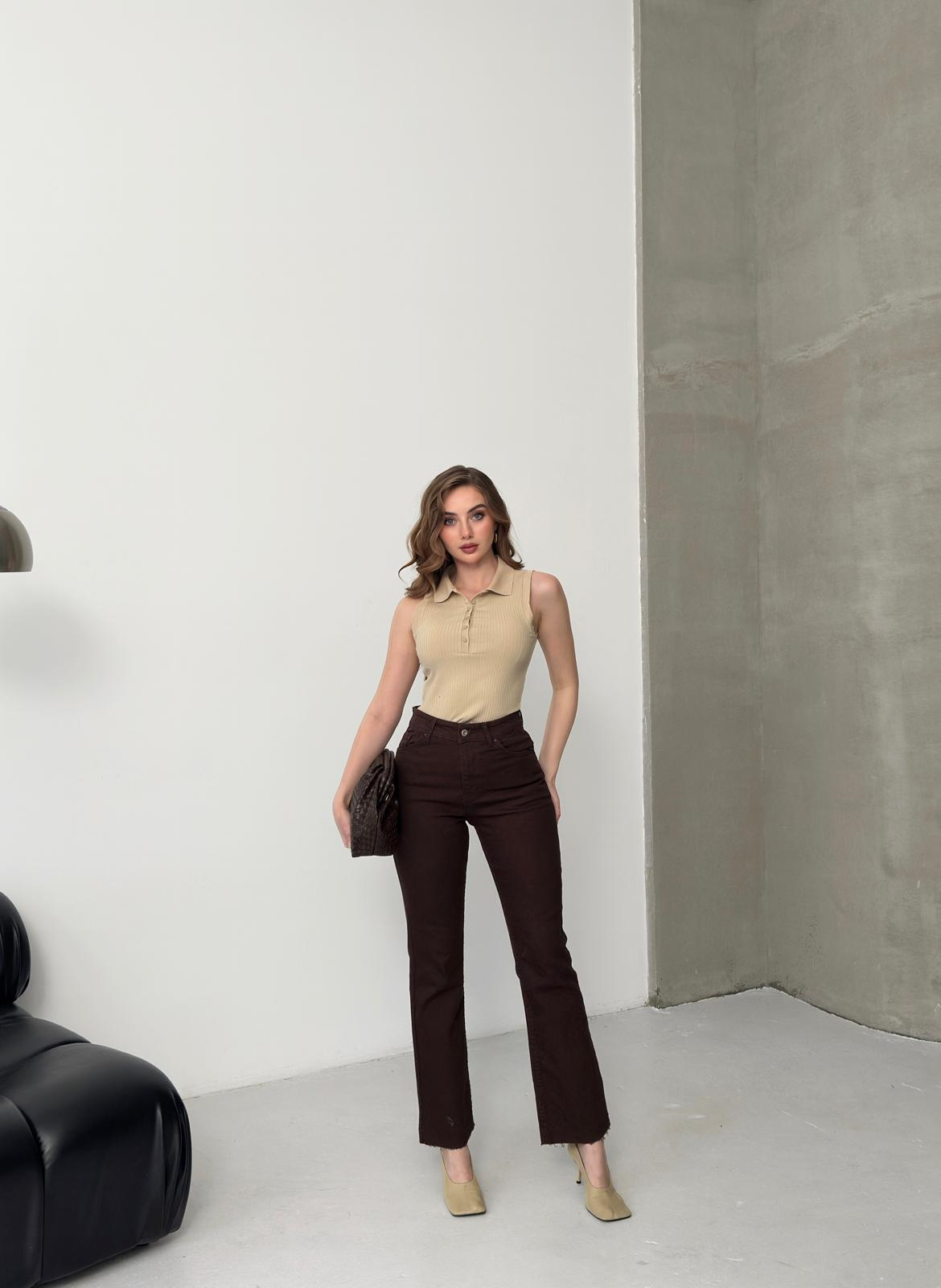 Paça Kesik Mom Fit Pantolon Kahve