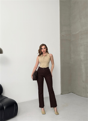 Paça Kesik Mom Fit Pantolon Kahve