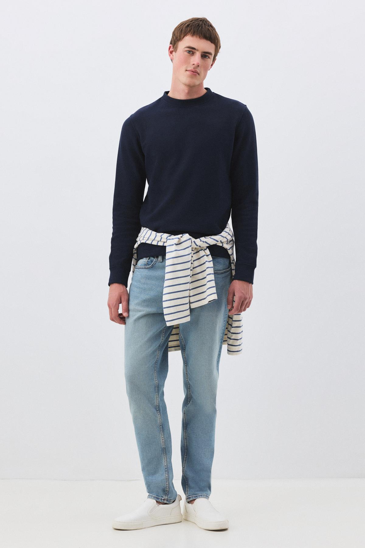 Erkek Slim Fit Pamuklu Selanik Kumaş Bisiklet Yaka Sweatshirt Lacivert