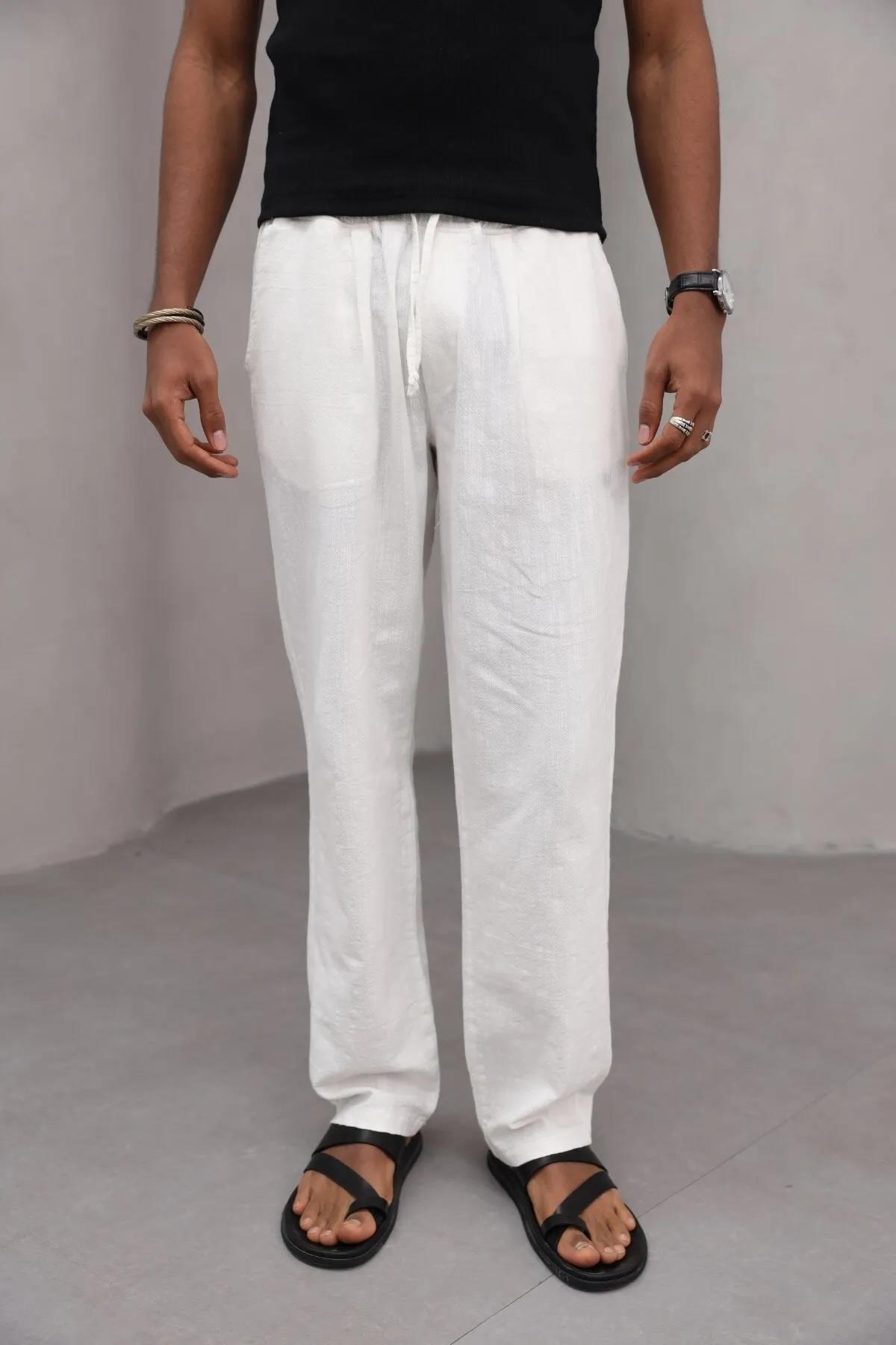 Erkek Premium Rahat Kesim %100 Cotton Bağcıklı Erkek Pantolon Beyaz