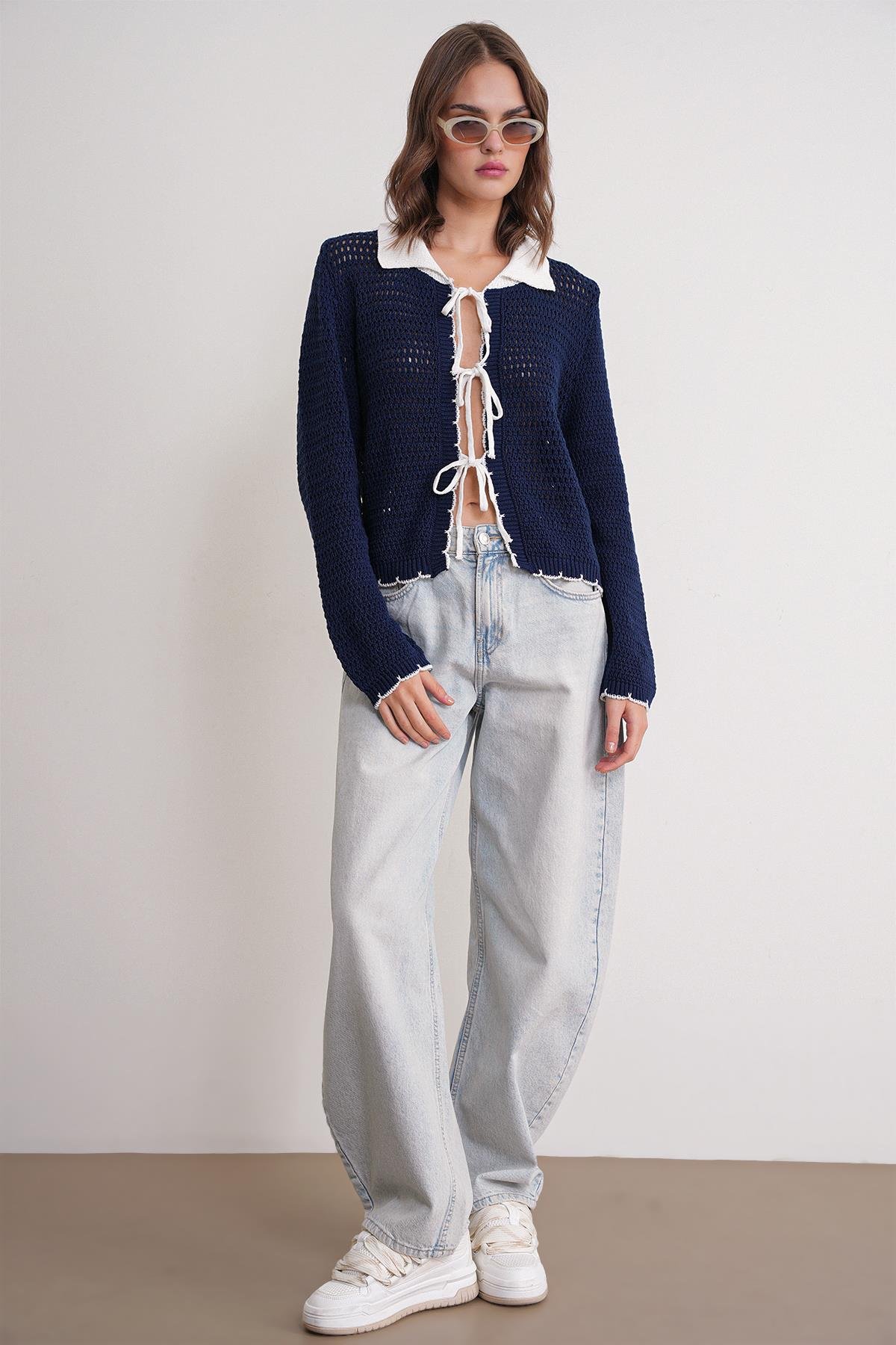 Kadın Ajurlu Bağlamalı Triko Hırka Lacivert 6945