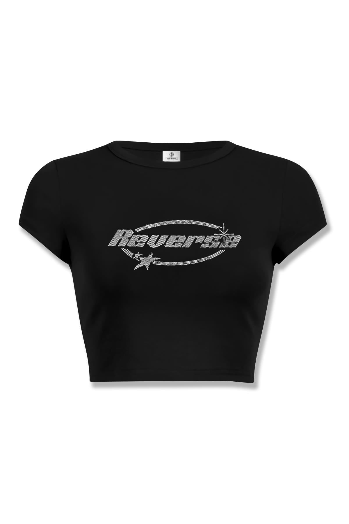 Kadın Reverse Taş Baskılı Crop Siyah