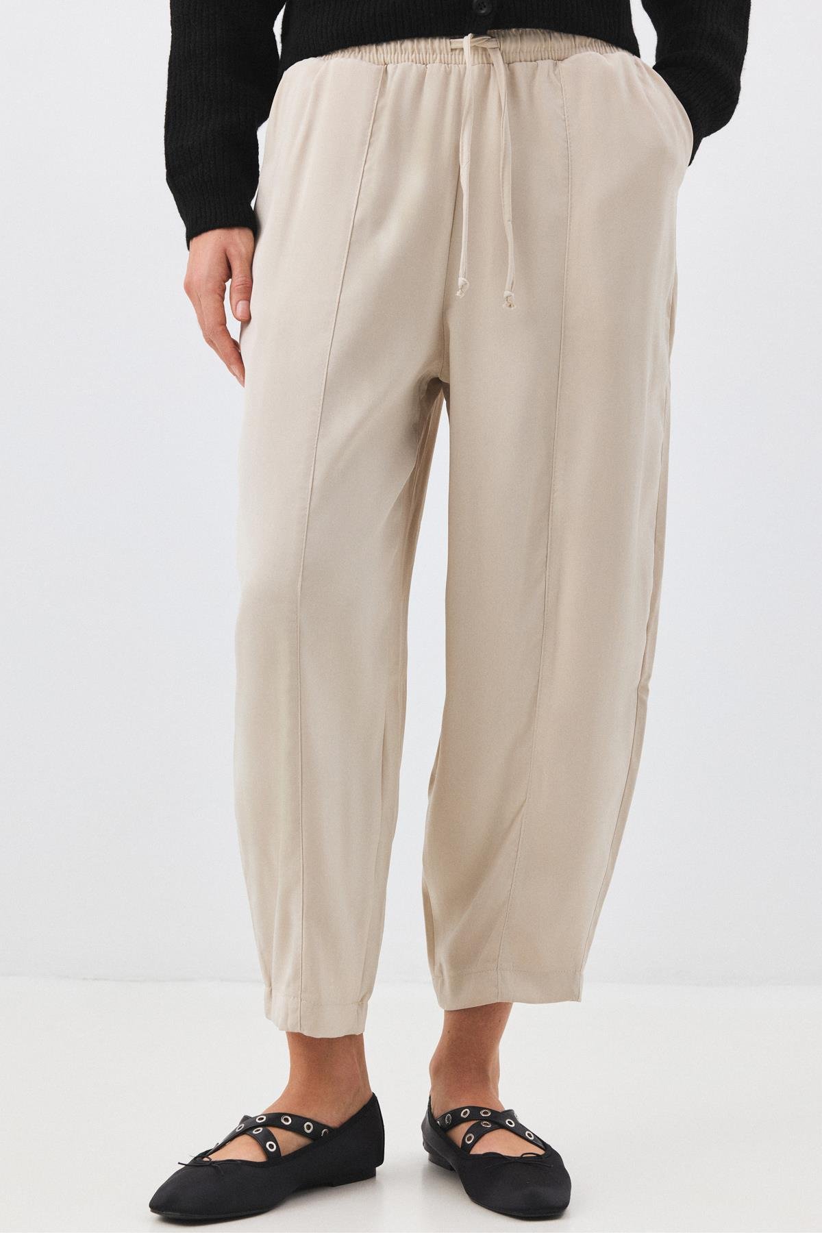 Kadın Beli Lastikli Parçalı Şalvar Pantolon Taş 4307