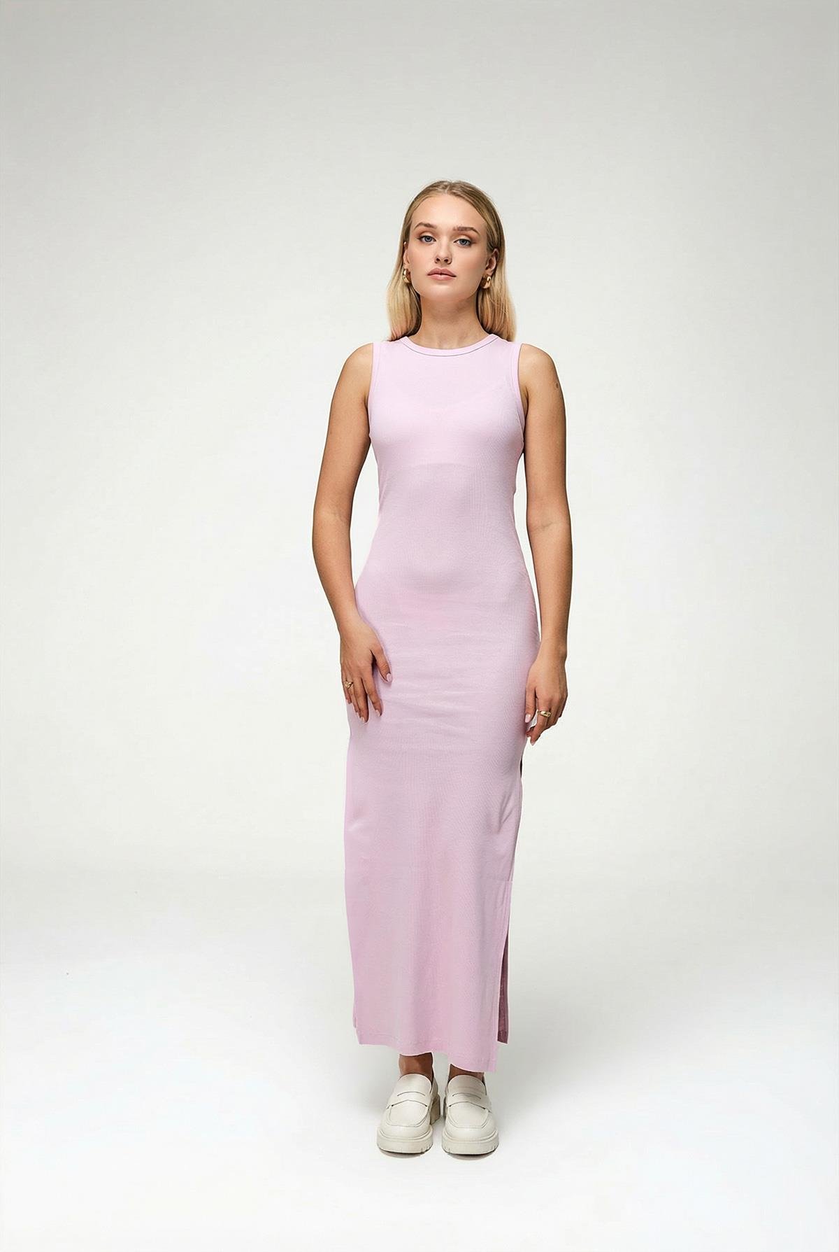 Kadın Yırtmaçlı Uzun Elbise Pembe