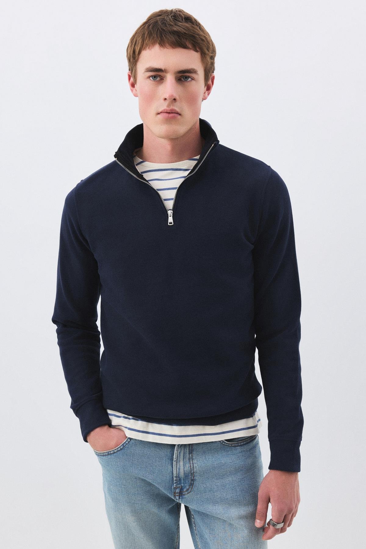 Erkek Standart Fit Pamuklu Selanik Kumaş Yarım Fermuarlı Dik Yaka Sweatshirt Lacivert