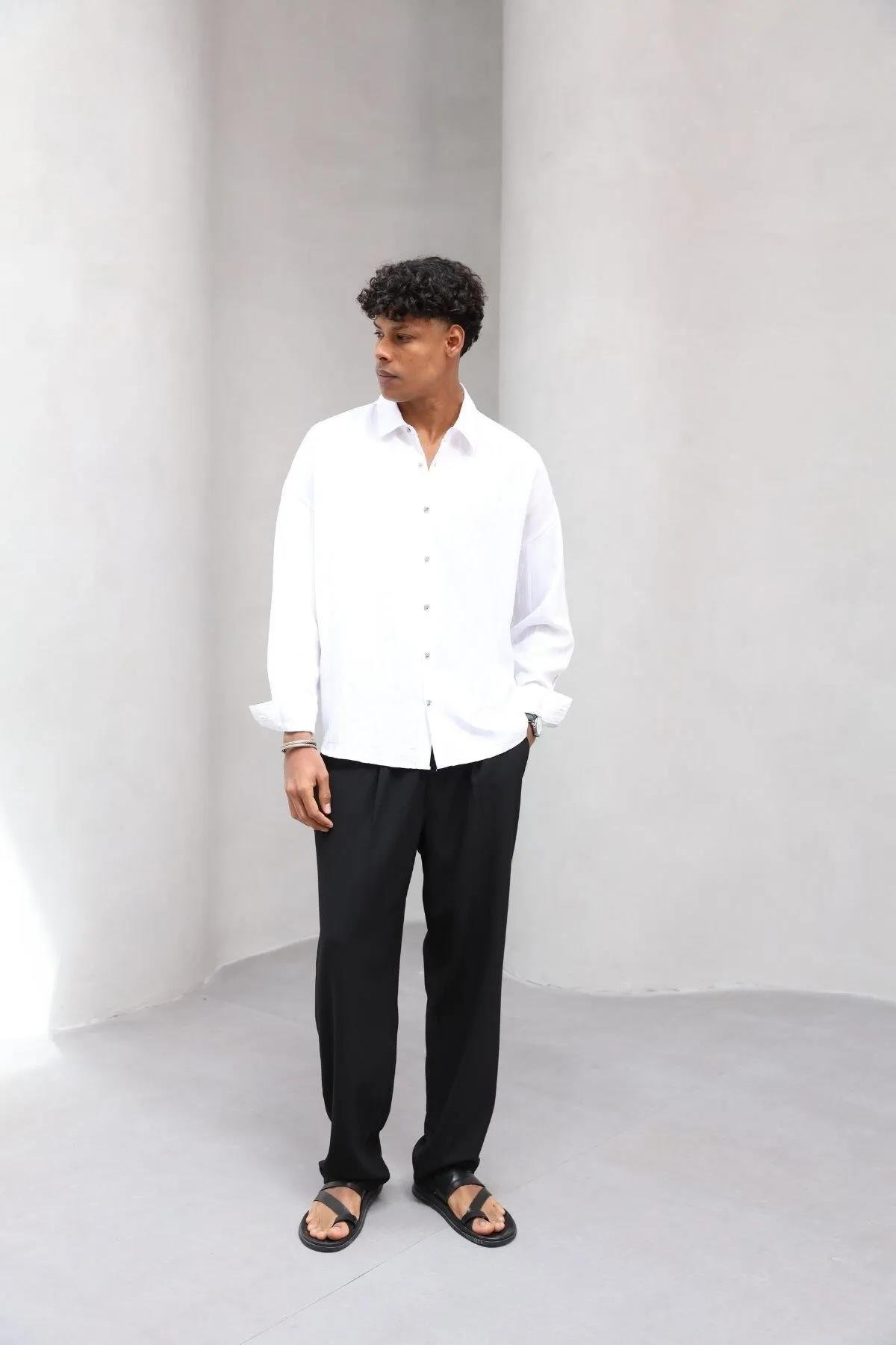 Erkek Premium Yumuşak Dokulu Çizgili Gömlek Beyaz