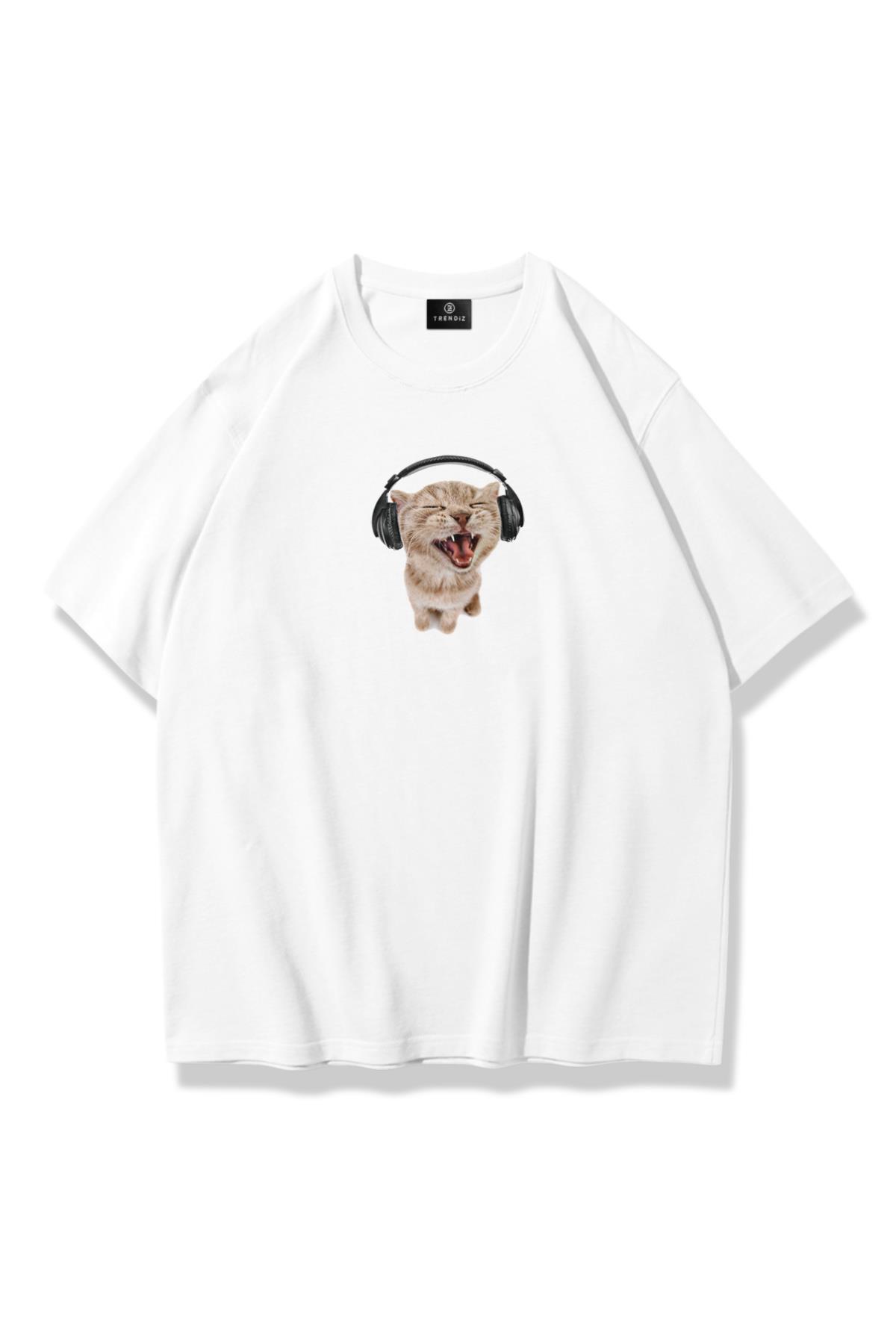 Unisex Kulaklıklı Kedi Tshirt Beyaz