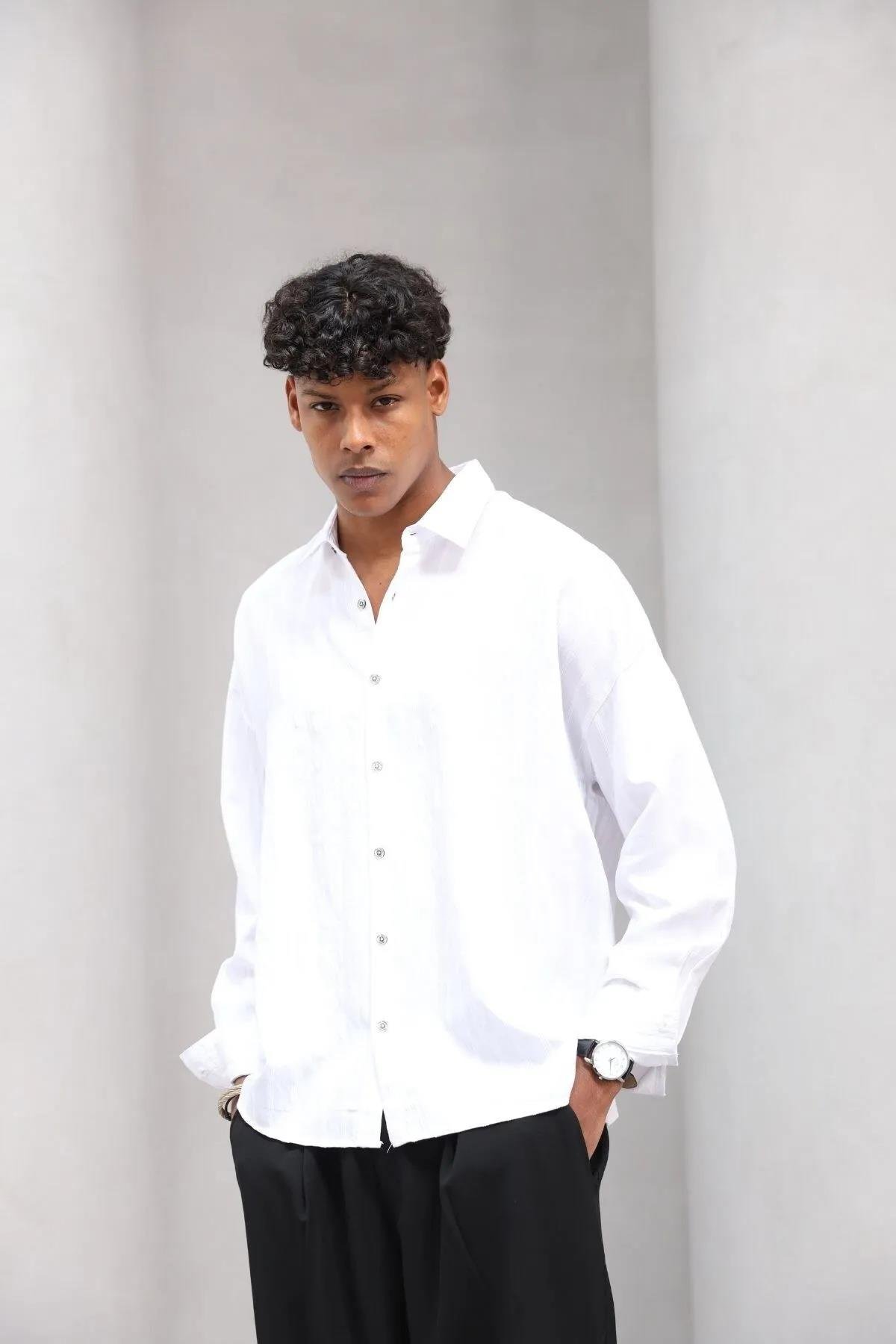 Erkek Premium Yumuşak Dokulu Çizgili Gömlek Beyaz