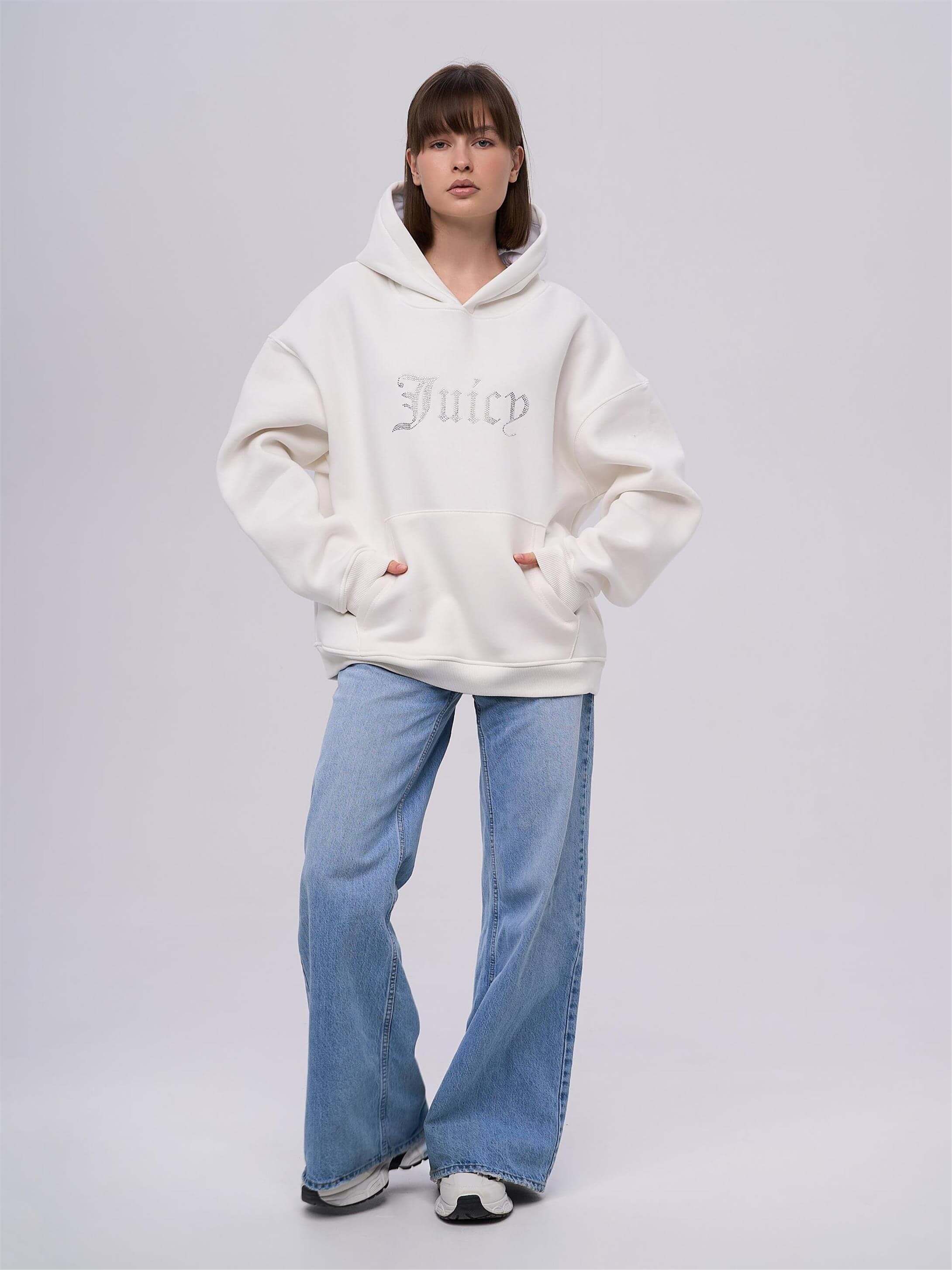 Unisex Juiciy Taş Baskılı Sweatshirt Beyaz