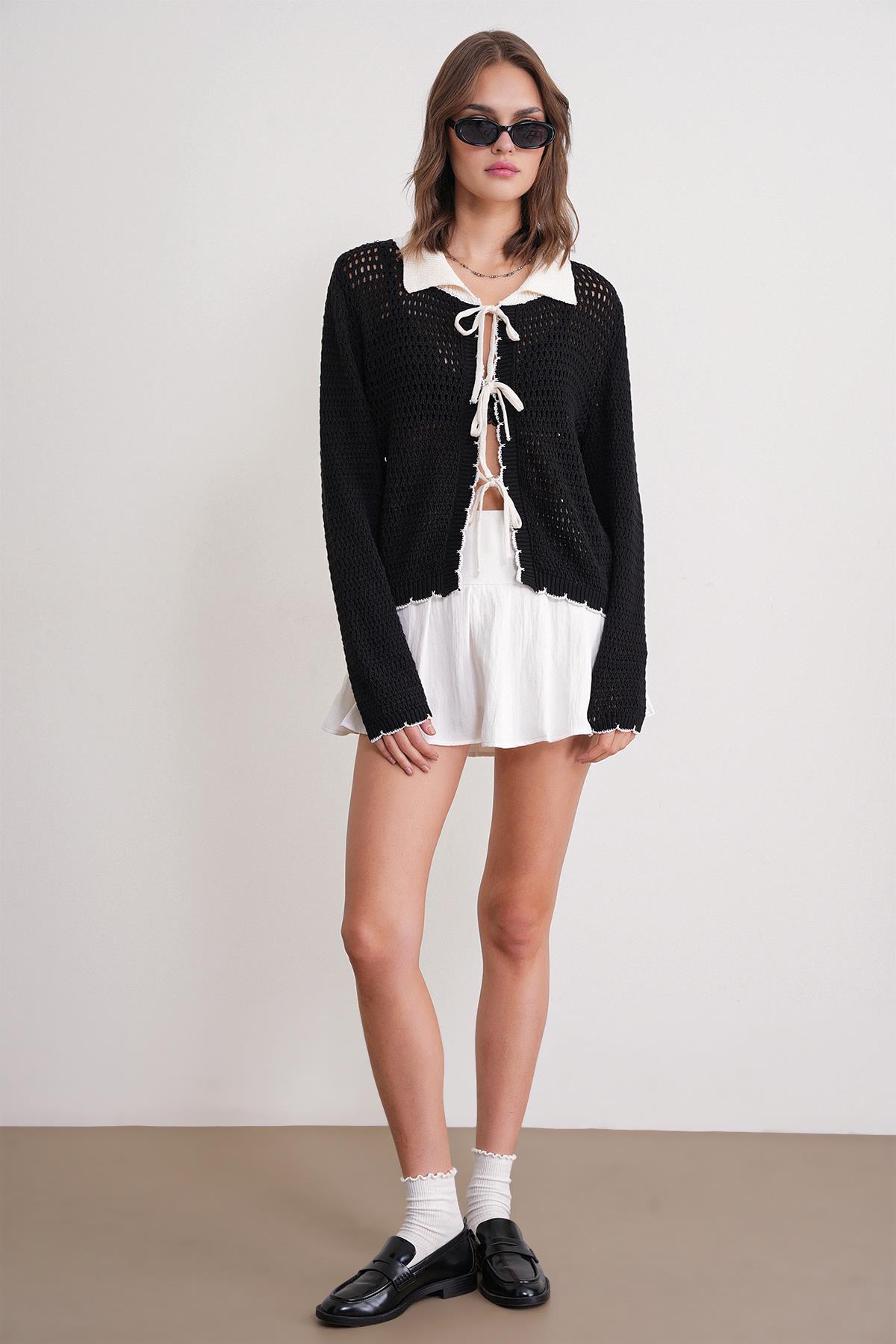 Kadın Ajurlu Bağlamalı Triko Hırka Siyah 6945