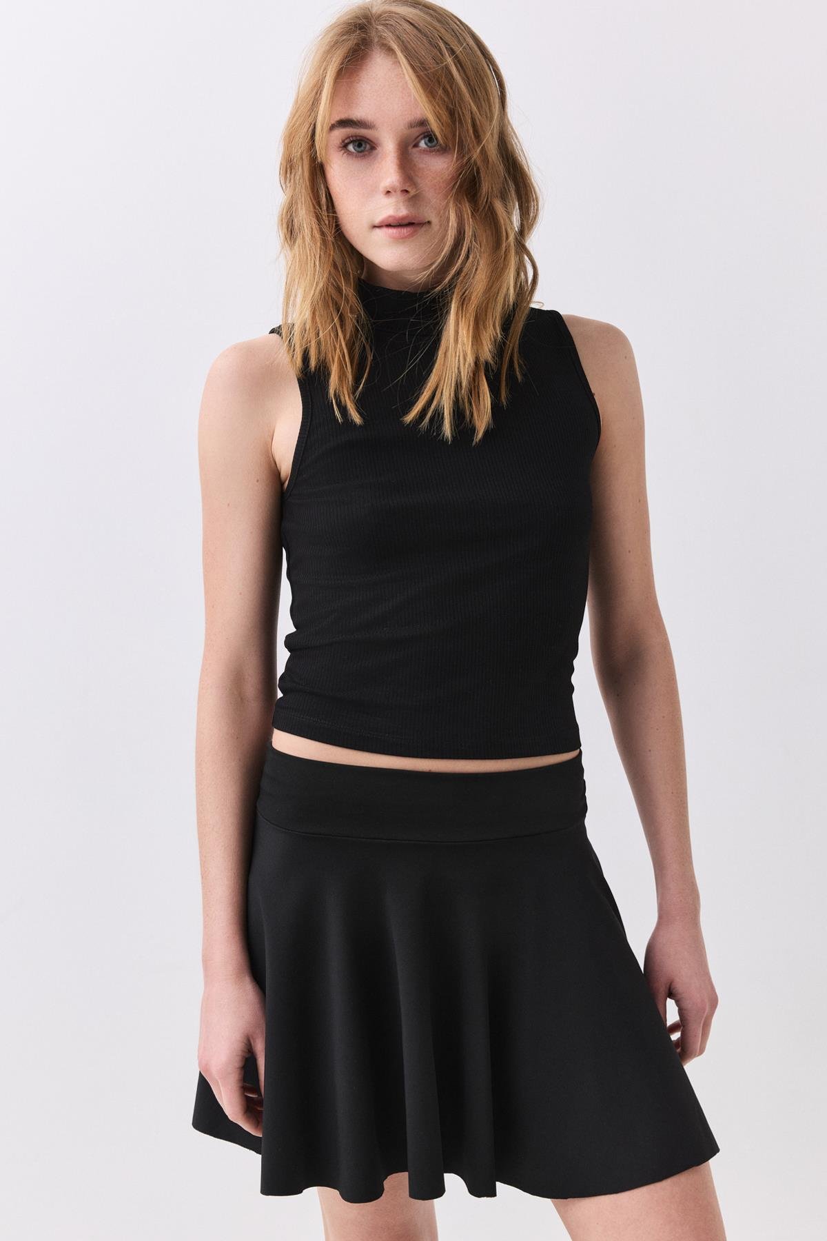 Kadın Viskon Likra Balıkçı Yaka Sıfır Kol Bluz Siyah 4011