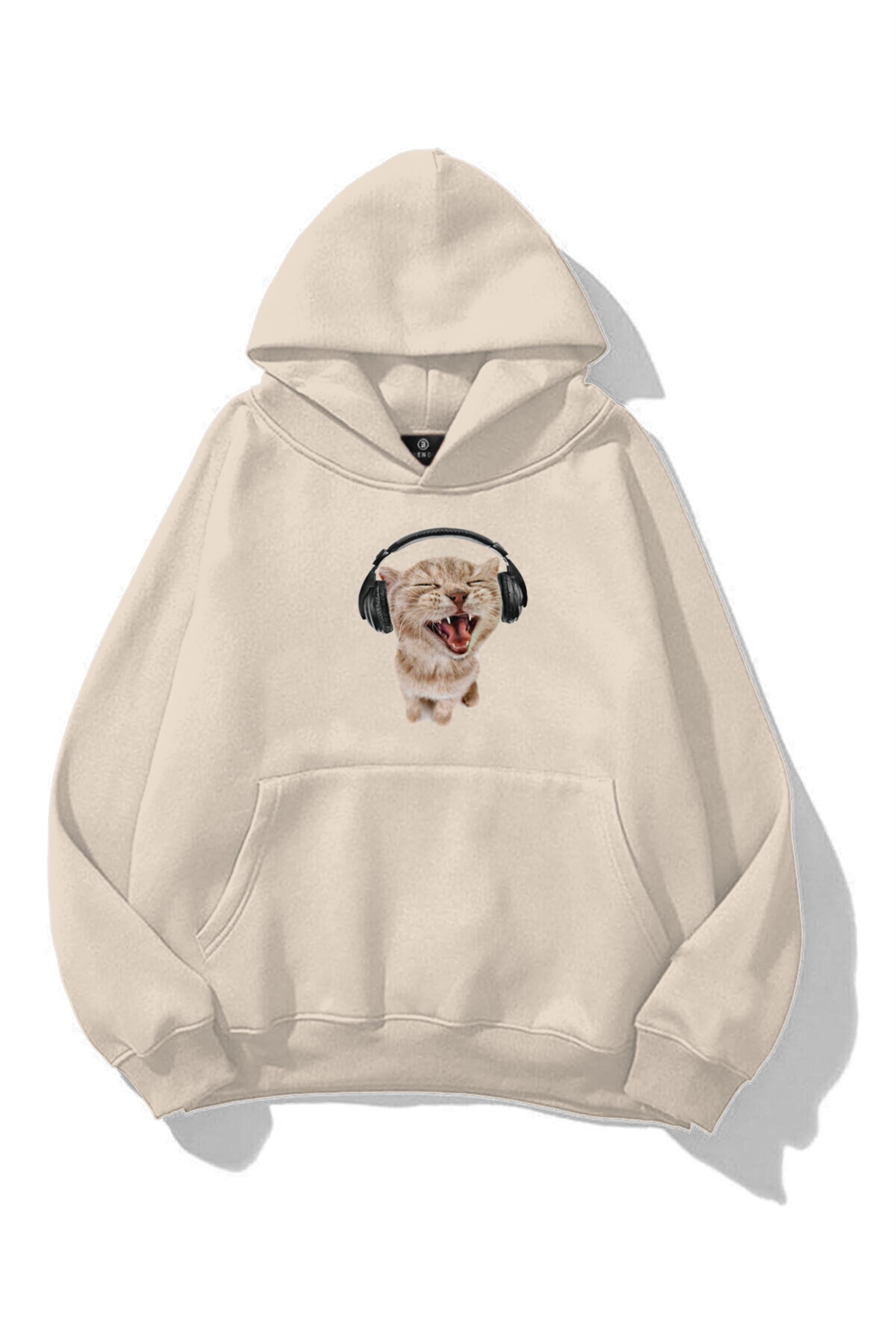 Unisex Kulaklıklı Kedi Sweatshirt Taş