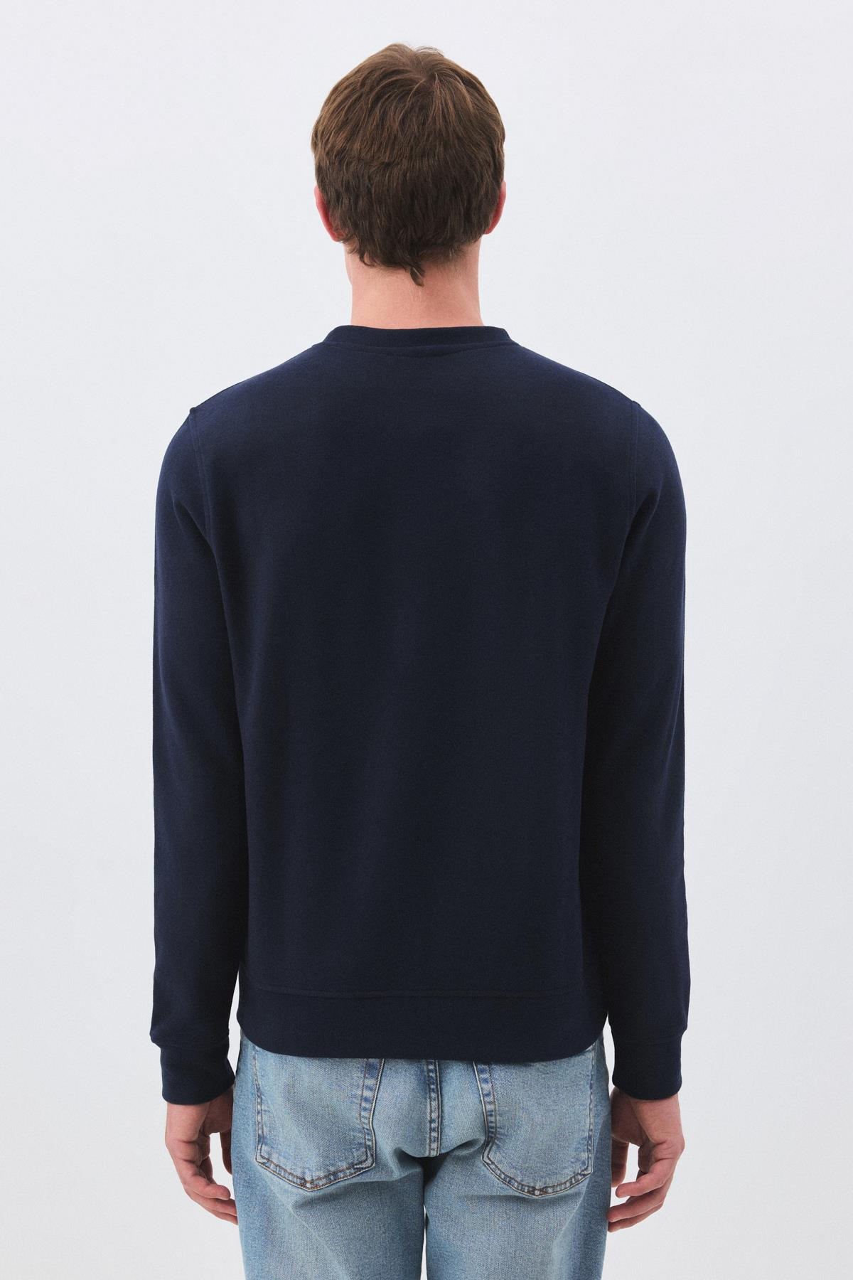 Erkek Slim Fit Pamuklu Selanik Kumaş Bisiklet Yaka Sweatshirt Lacivert