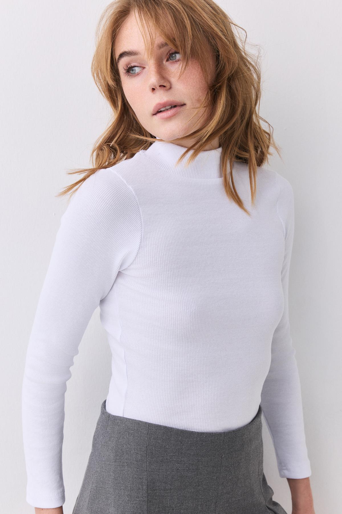 Kadın Balıkçı Yaka Uzun Kollu Bluz Beyaz 9021