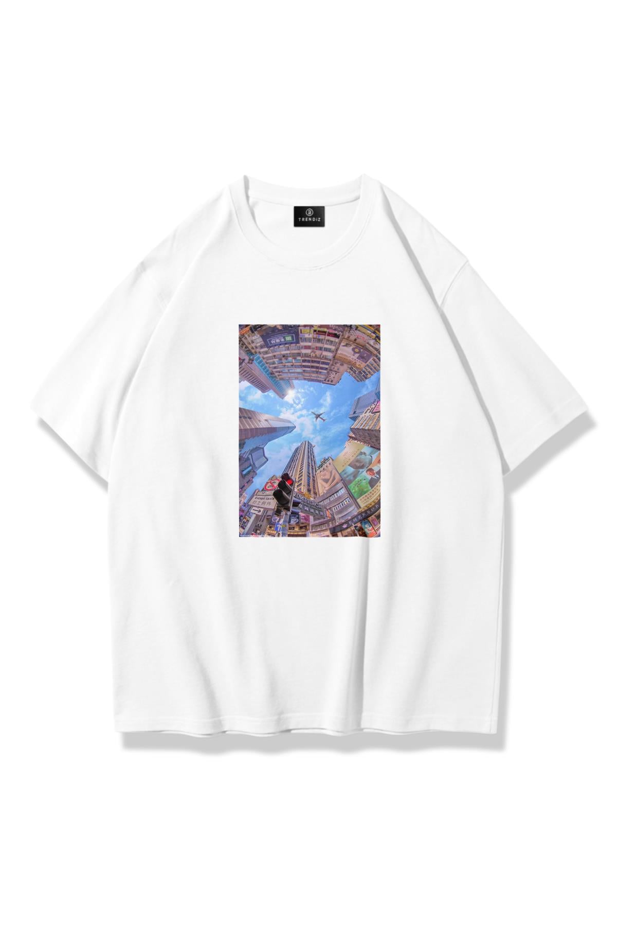 Unisex Japanese City Tshirt Beyaz