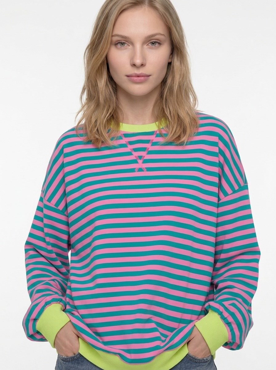 Kadın Çizgili Ribanalı Oversize Sweatshirt Turkuaz Pembe