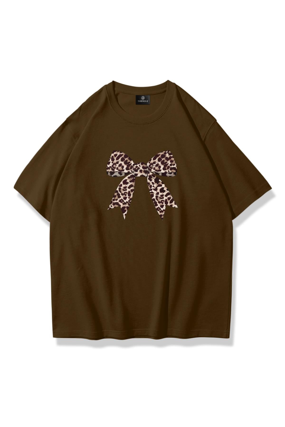 Kadın Leopar Kurdele Tshirt Kahverengi