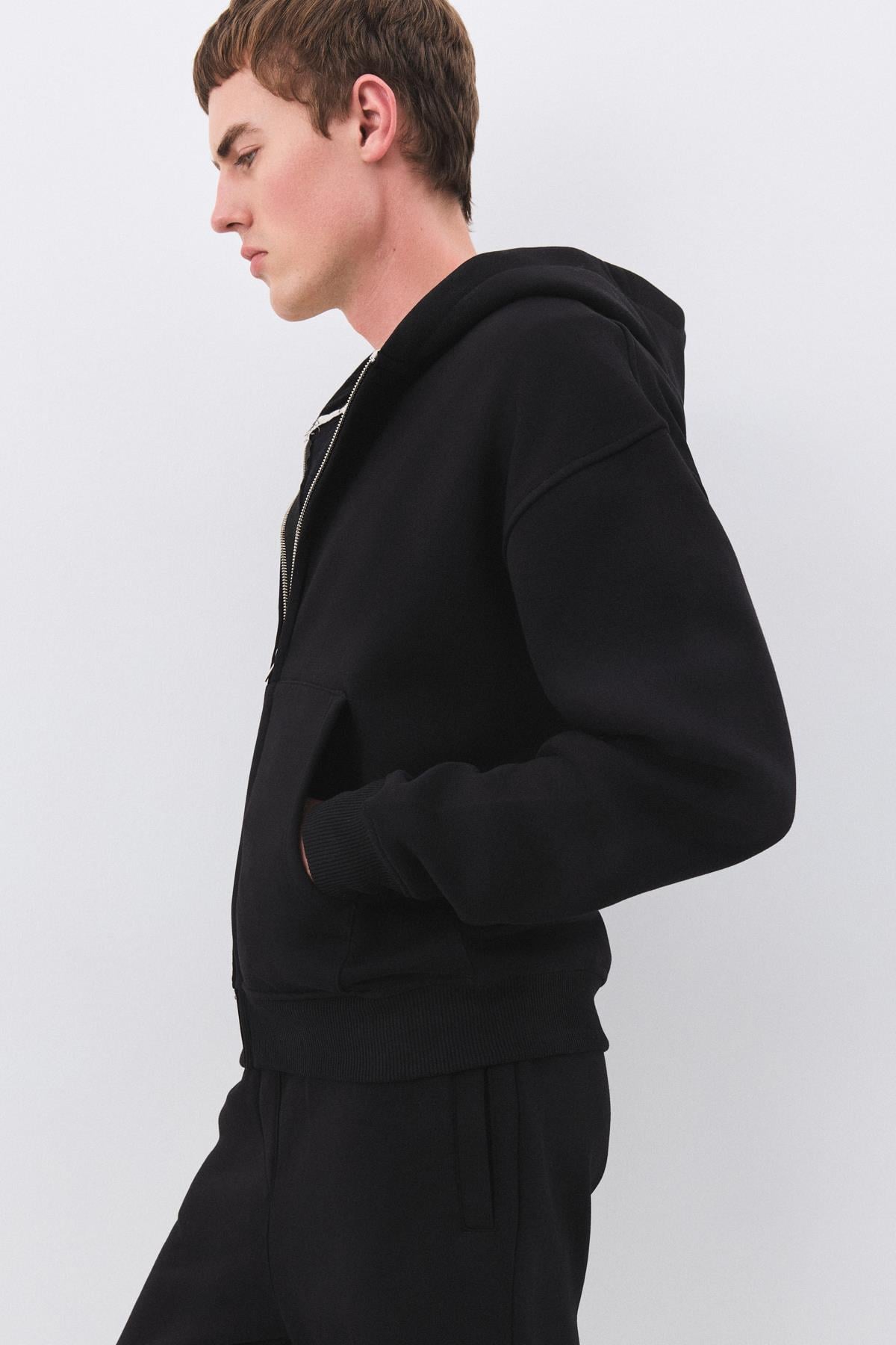 Erkek Premium Fermuarlı Kapşonlu Sweatshirt Siyah 2032