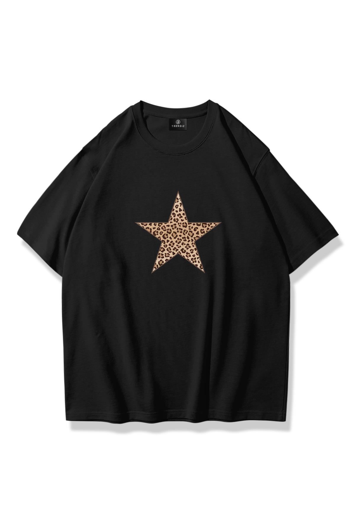 Kadın Leopar Yıldız Tshirt Siyah