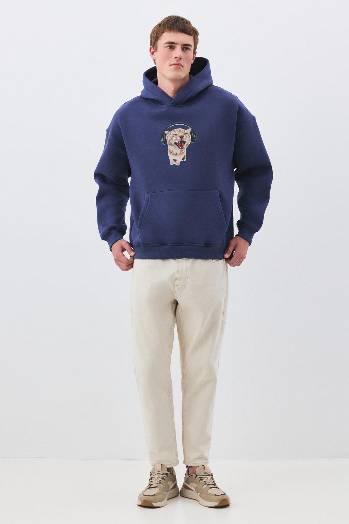 Unisex Kulaklıklı Kedi Sweatshirt İndigo