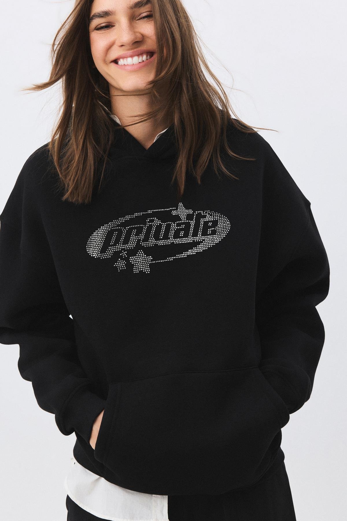 Kadın Private Taş Baskılı Sweatshirt Siyah