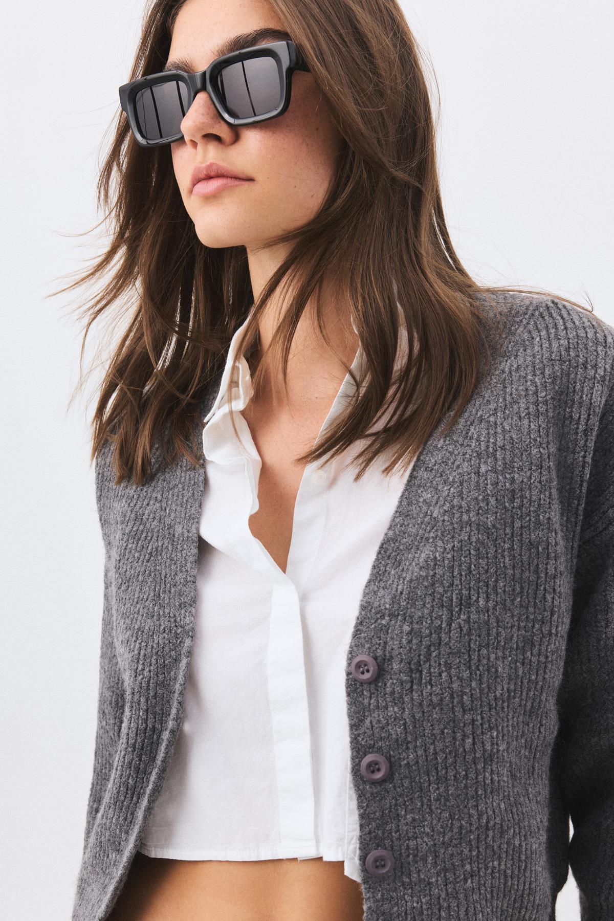 Kadın V Yaka Selanik Hırka Antrasit 6943