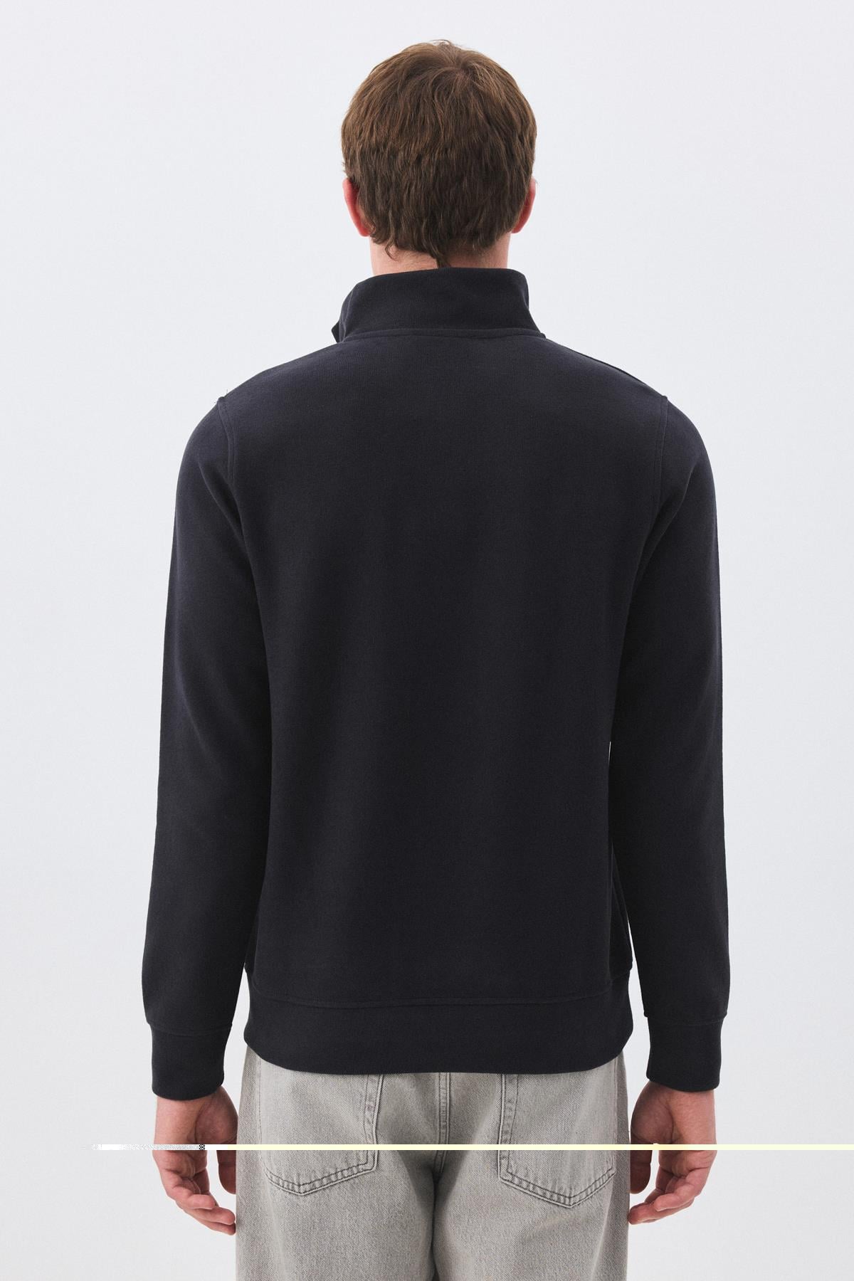 Erkek Standart Fit Pamuklu Selanik Kumaş Yarım Fermuarlı Dik Yaka Sweatshirt Füme