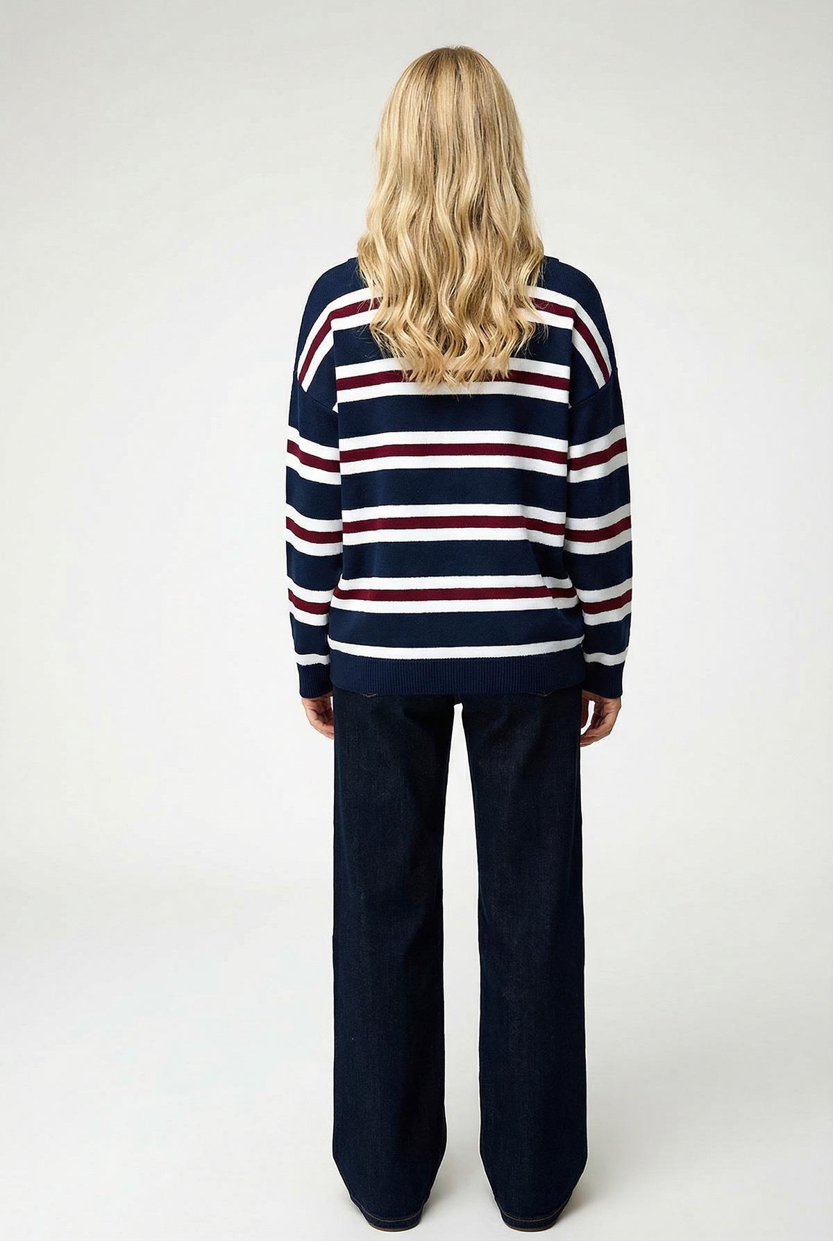 Kadın Çizgili Düğmeli Polo Yaka Triko Kazak Lacivert