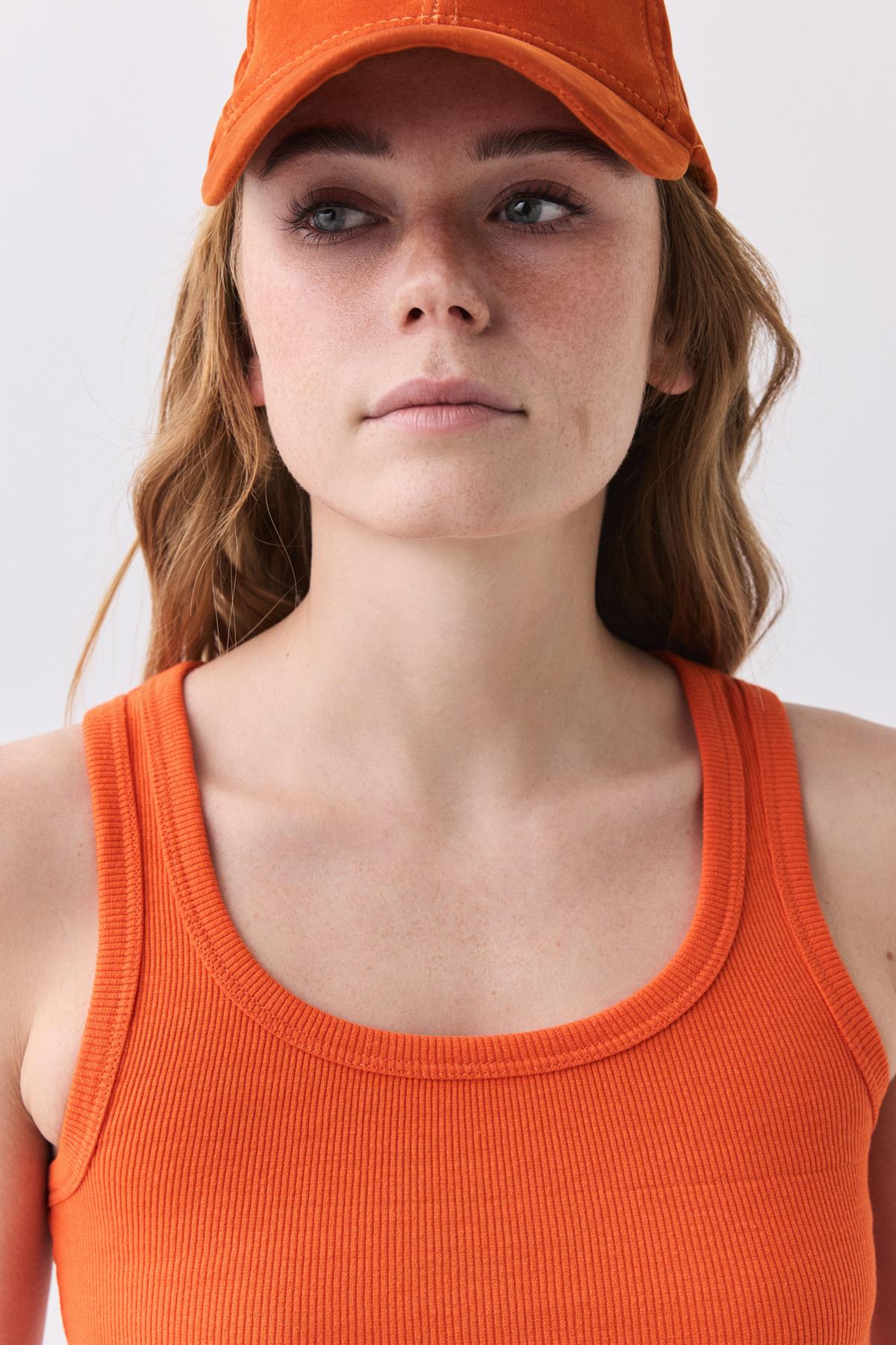 Kadın Fitilli Görünümlü Kalın Askılı Atlet Turuncu 9012