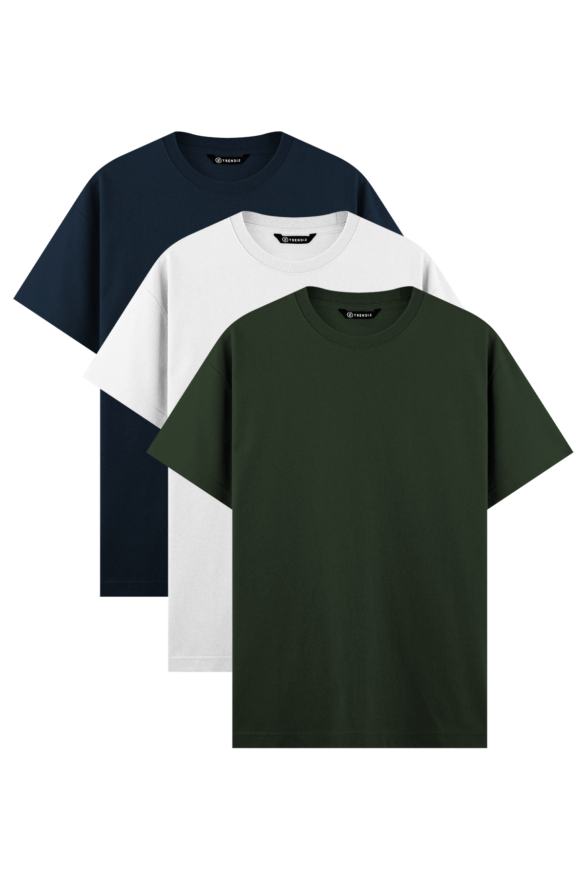 Erkek %100 Pamuk Basic Tshirt 3 lü Paket Beyaz Nayv Haki 2091