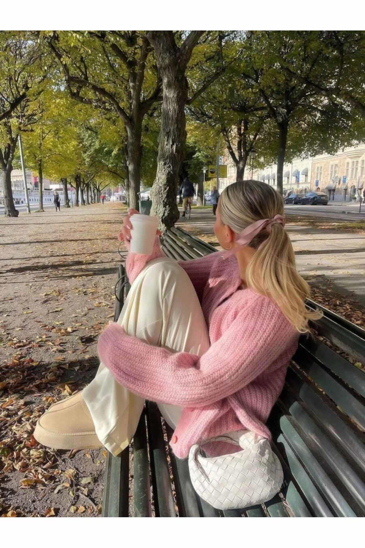 Kadın Yün Karışımlı Düğmeli Triko Hırka Pembe