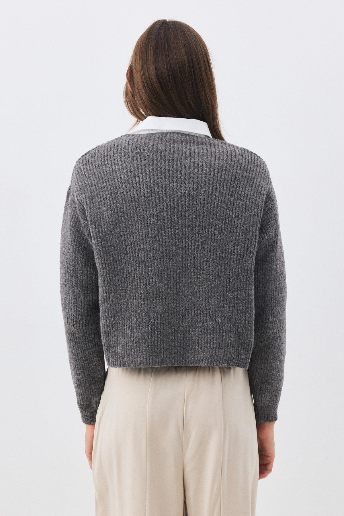 Kadın V Yaka Selanik Hırka Antrasit 6943