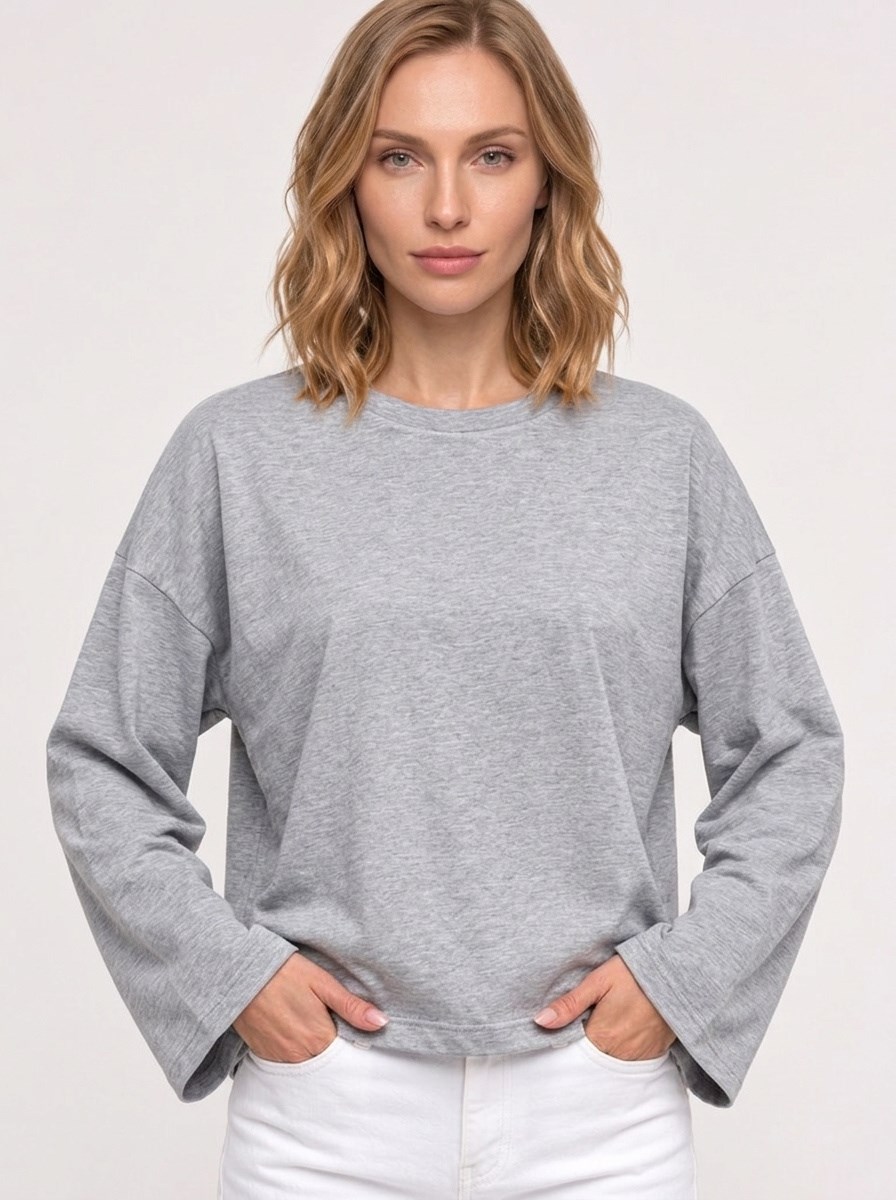 Kadın %100 Pamuk Bisiklet Yaka Uzun Kollu T-shirt Grimelanj