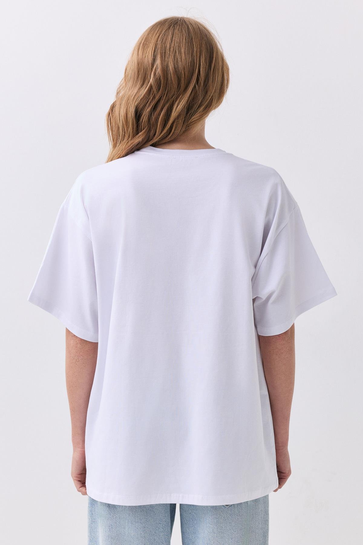 Kadın Pamuk Oversize Basic Tshirt Beyaz 5012