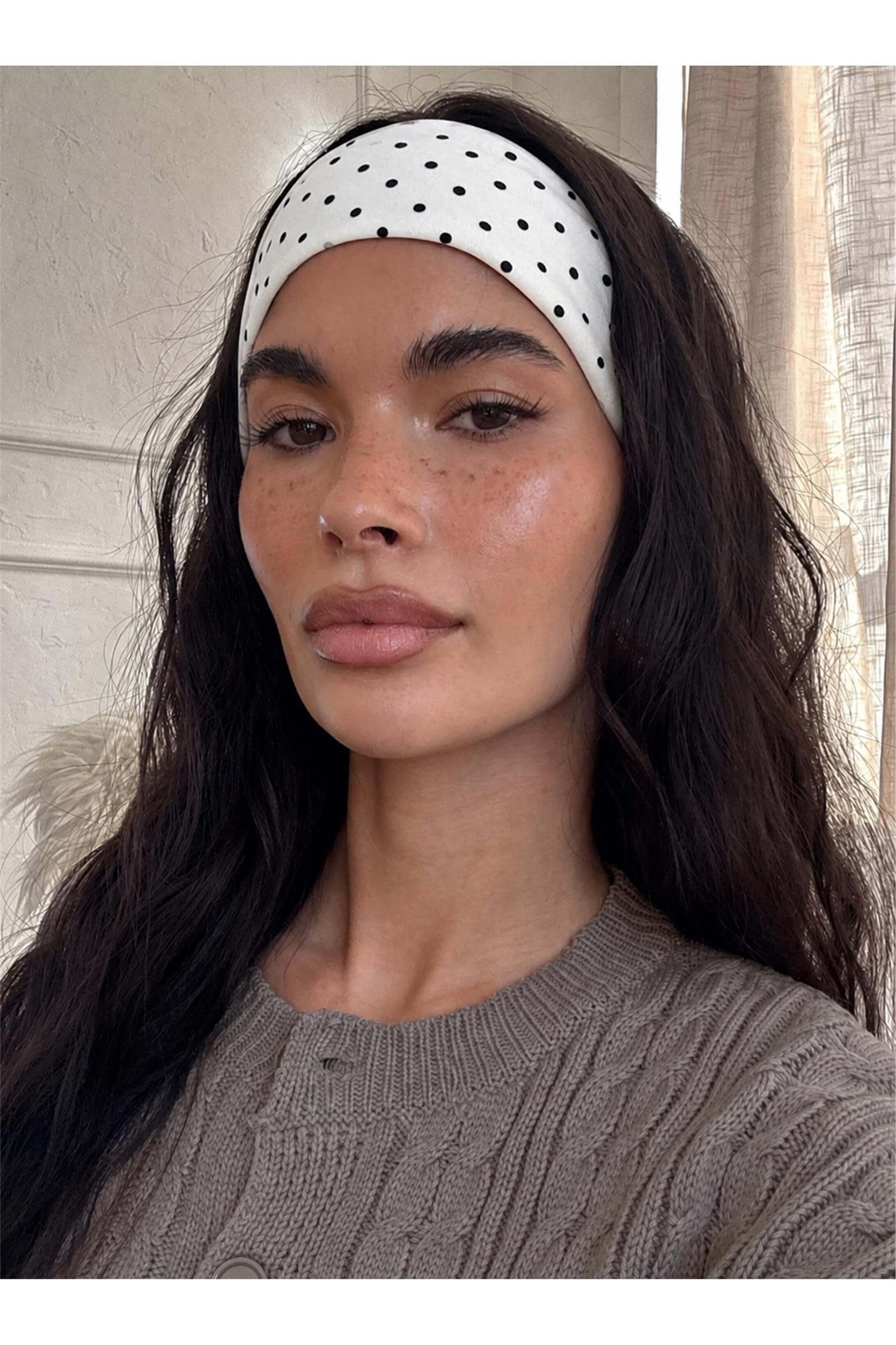 Kadın 2li Pamuklu Esnek Bandana Seti Puantiyeli Beyaz Puantiyeli Siyah
