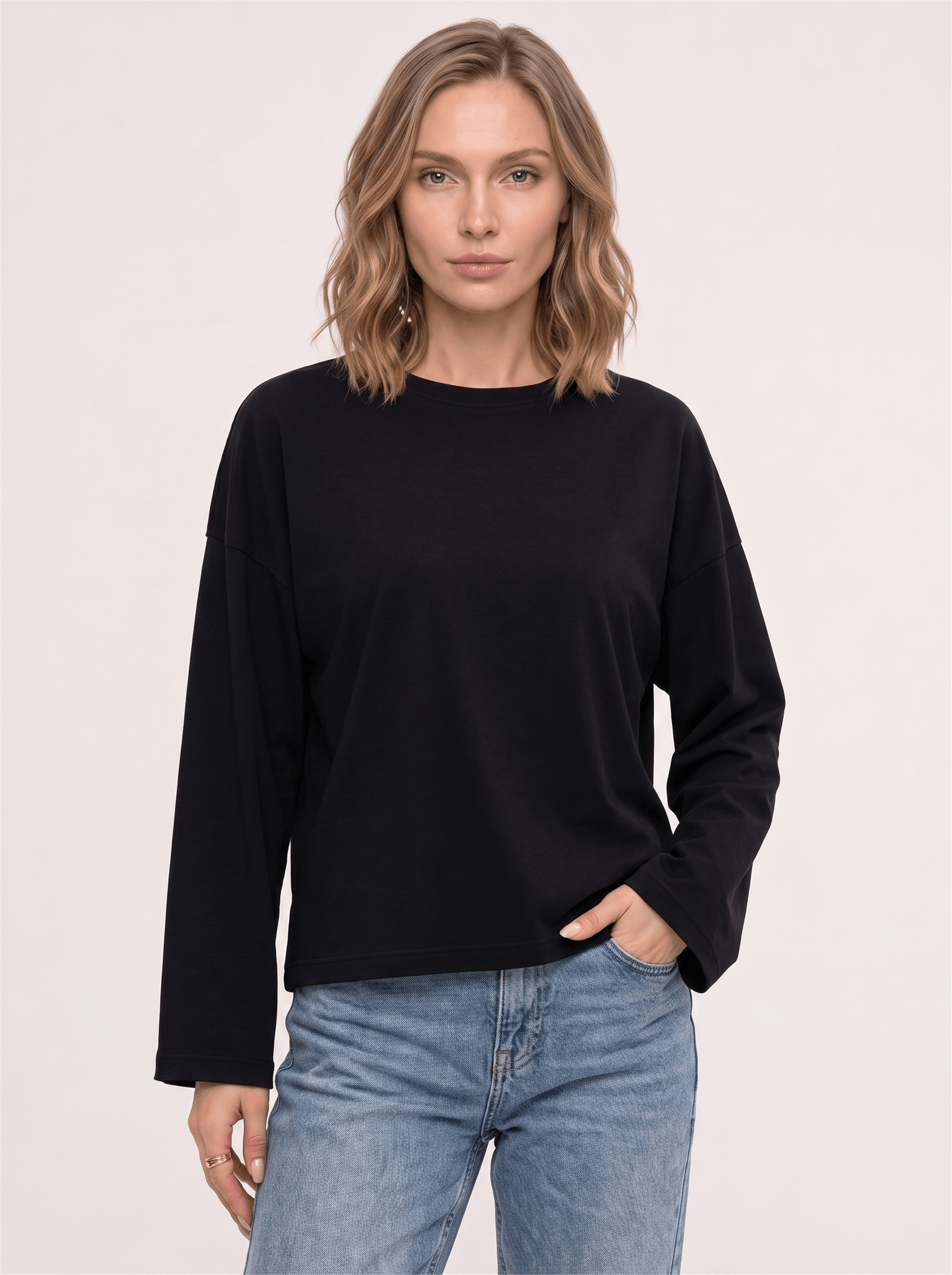 Kadın %100 Pamuk Bisiklet Yaka Uzun Kollu T-shirt Siyah
