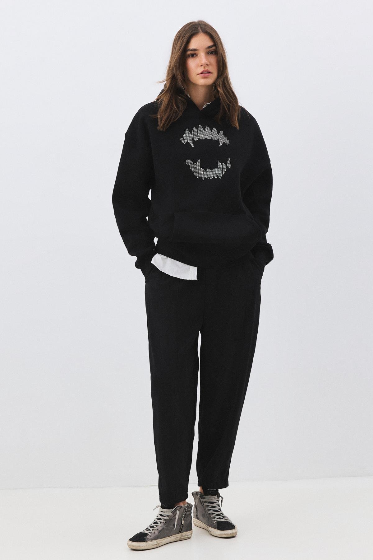 Unisex Teeth Taş Baskılı Sweatshirt Siyah